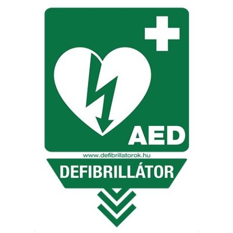 Nyíl alakú defibrillátor jelző műanyag tábla "Defibrillátor és AED" felirattal