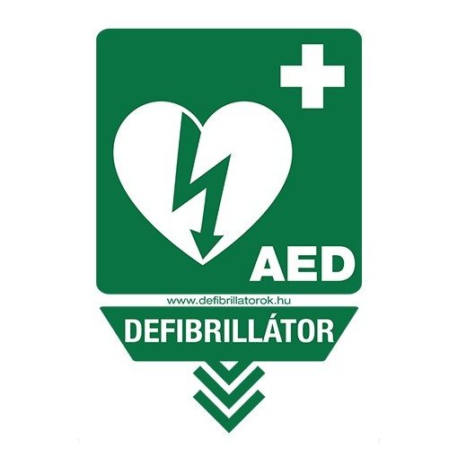 Nyíl alakú defibrillátor jelző műanyag tábla "Defibrillátor és AED" felirattal
