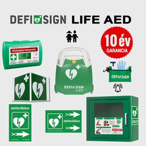 Iskolai csomag: DefiSign LIFE automata defibrillátor 10 év garancia + gyermek elektróda és AED tároló