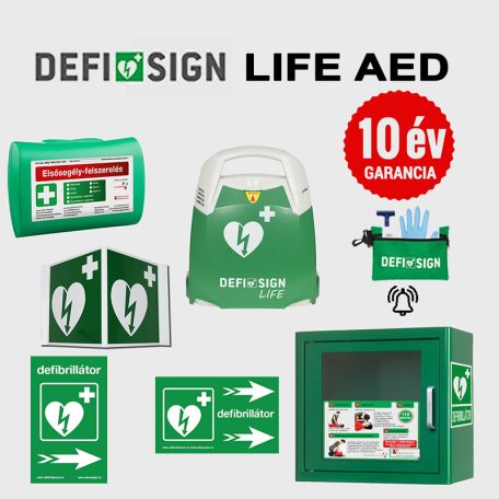 Irodai csomag: DefiSign LIFE félautomata defibrillátor 10 év garancia + AED tároló