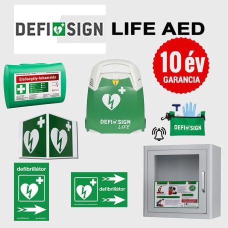 Irodai csomag: DefiSign LIFE félautomata defibrillátor 10 év garancia + AED tároló