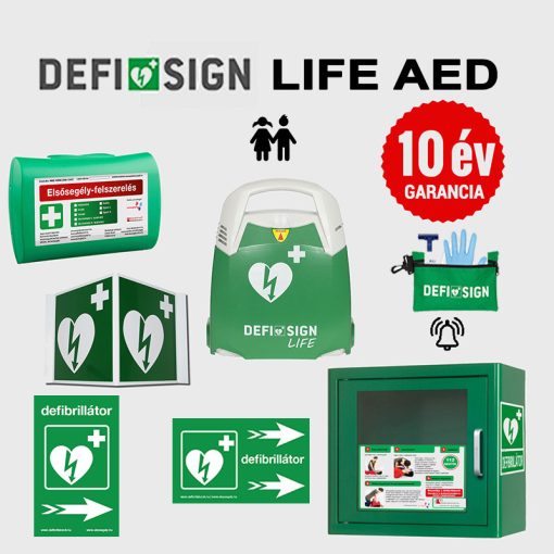 Iskolai csomag: DefiSign LIFE félautomata defibrillátor 10 év garancia + gyermek elektróda és AED tároló